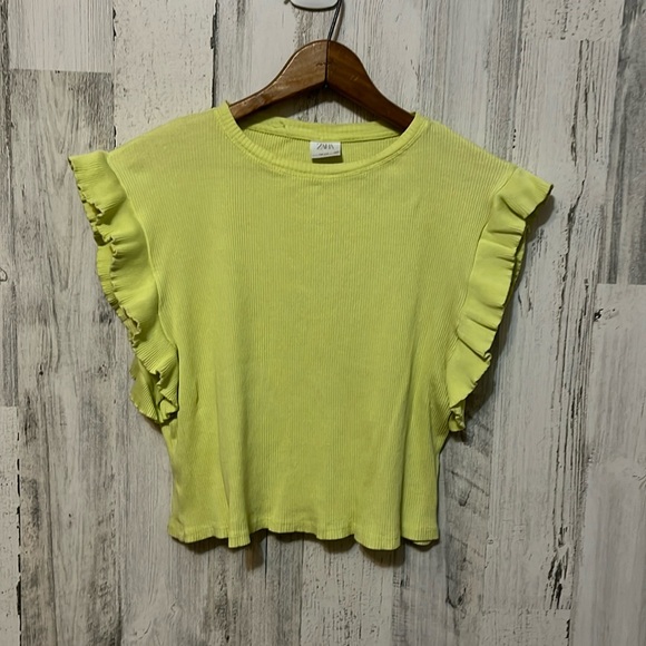 Z3 Neon yellow Zara flowy short sleeve crop top business casual size 13-14 - Picture 1 of 6